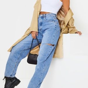 Mid Wash Thigh Split Baggy Boyfriend Jeans